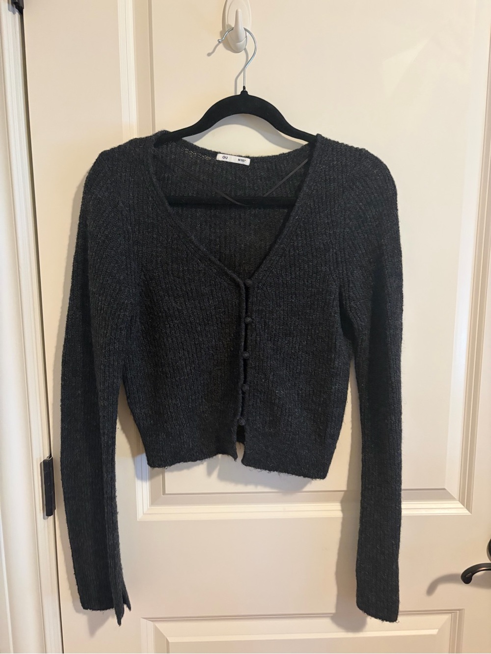 V-Neck Dark Gray Button-Front Cropped Cardigan